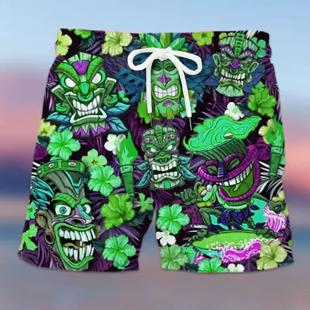 Men's Size S Tiki God Hawaiian Swim Shorts Purple Green Board Shorts Trunks
